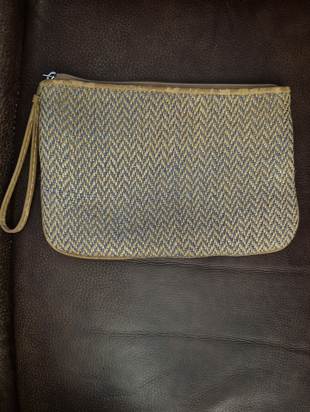LOFT Ann Taylor Woven Herringbone Chevron Wristlet Pouch Clutch Tan Blue